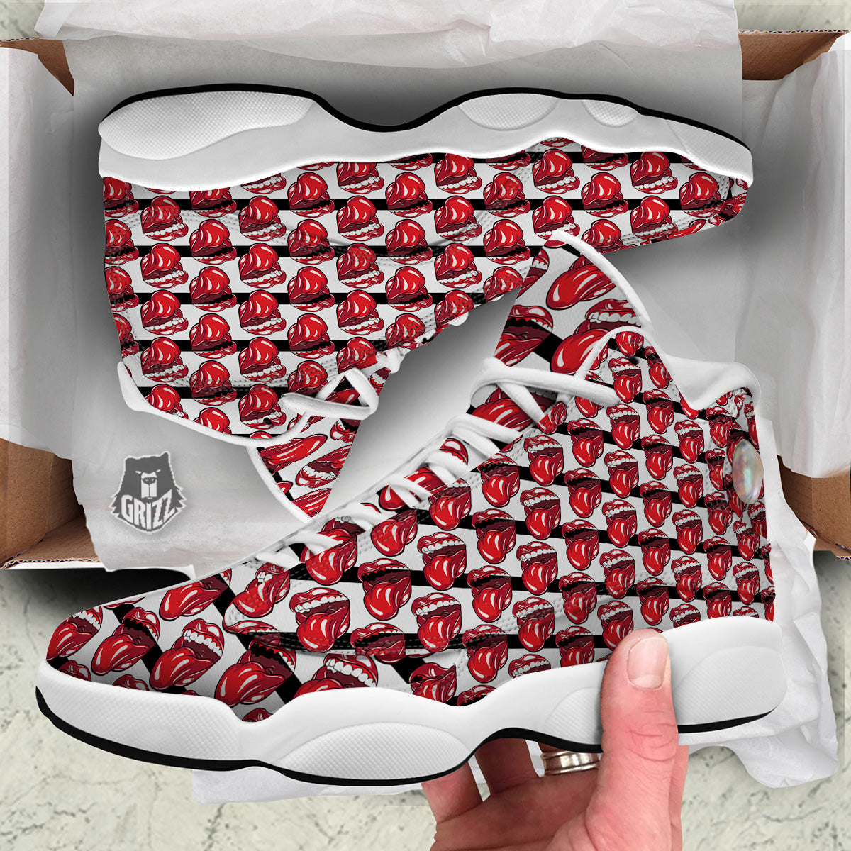 Mouth And Tongue Stripe Print Pattern White Basketball Shoes-grizzshop