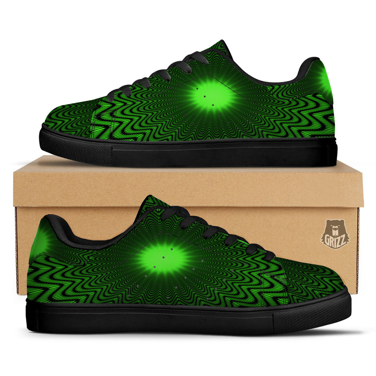Moving Illusion Optical Green Dizzy Black Low Top Sneakers-grizzshop