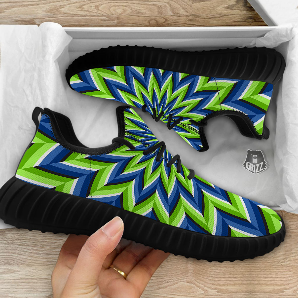 Moving Illusion Optical Green Flower Black Walking Shoes-grizzshop