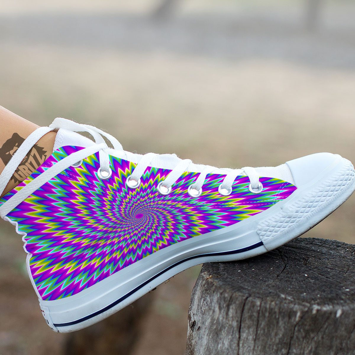 Moving Optical Illusion Abstract Spiral White High Top Shoes-grizzshop