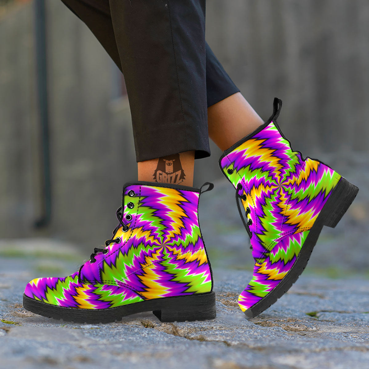Moving Optical Illusion Dizzy Vortex Leather Boots-grizzshop