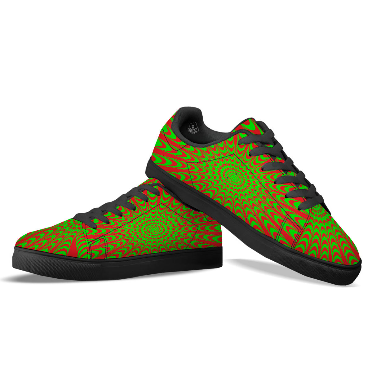 Moving Optical Illusion Green Red Wave Black Low Top Sneakers-grizzshop