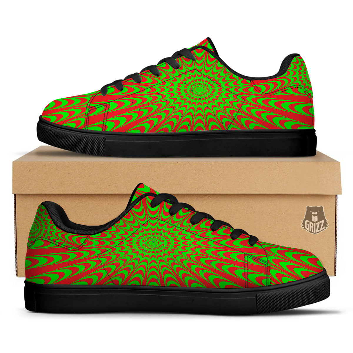 Moving Optical Illusion Green Red Wave Black Low Top Sneakers-grizzshop