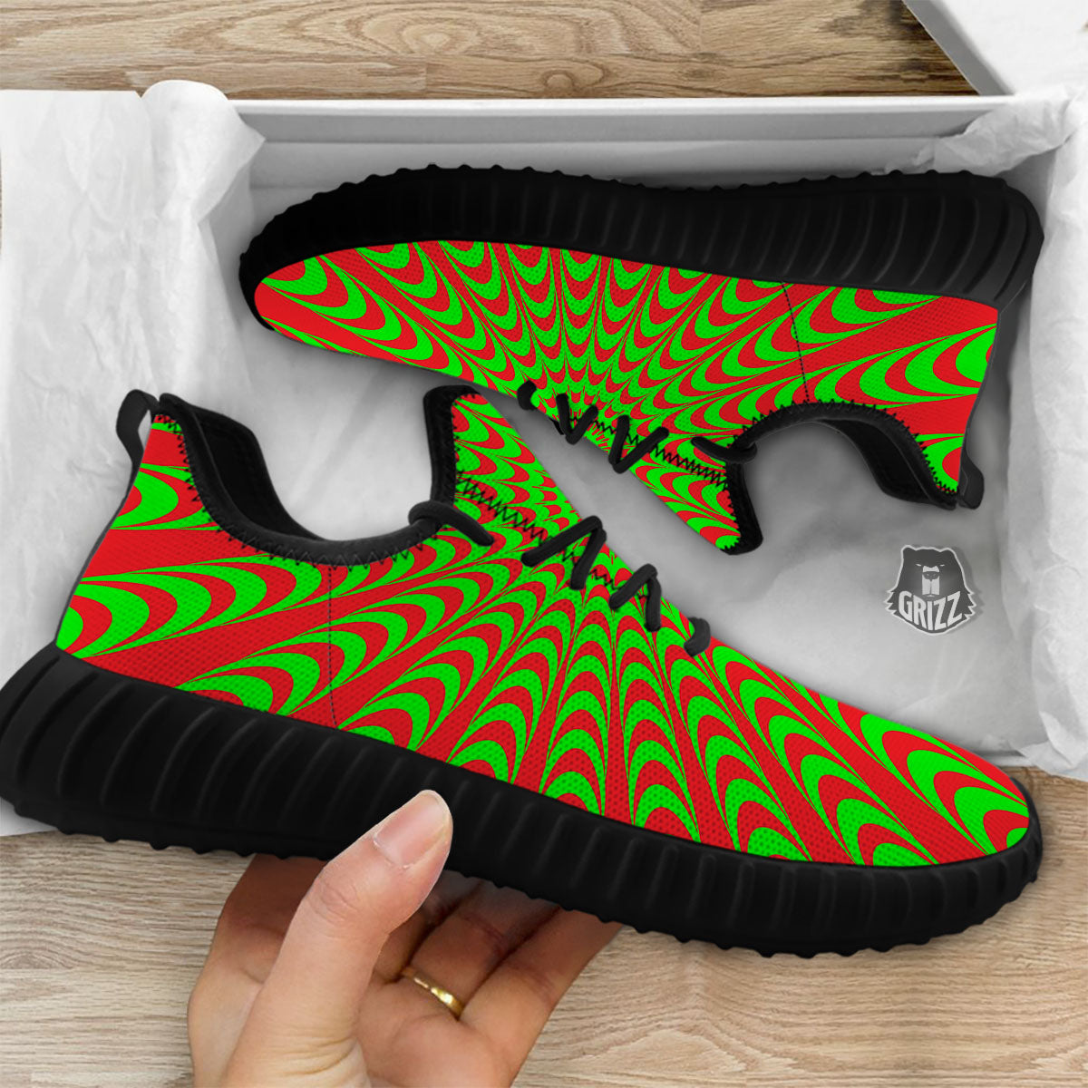 Moving Optical Illusion Green Red Wave Black Walking Shoes-grizzshop