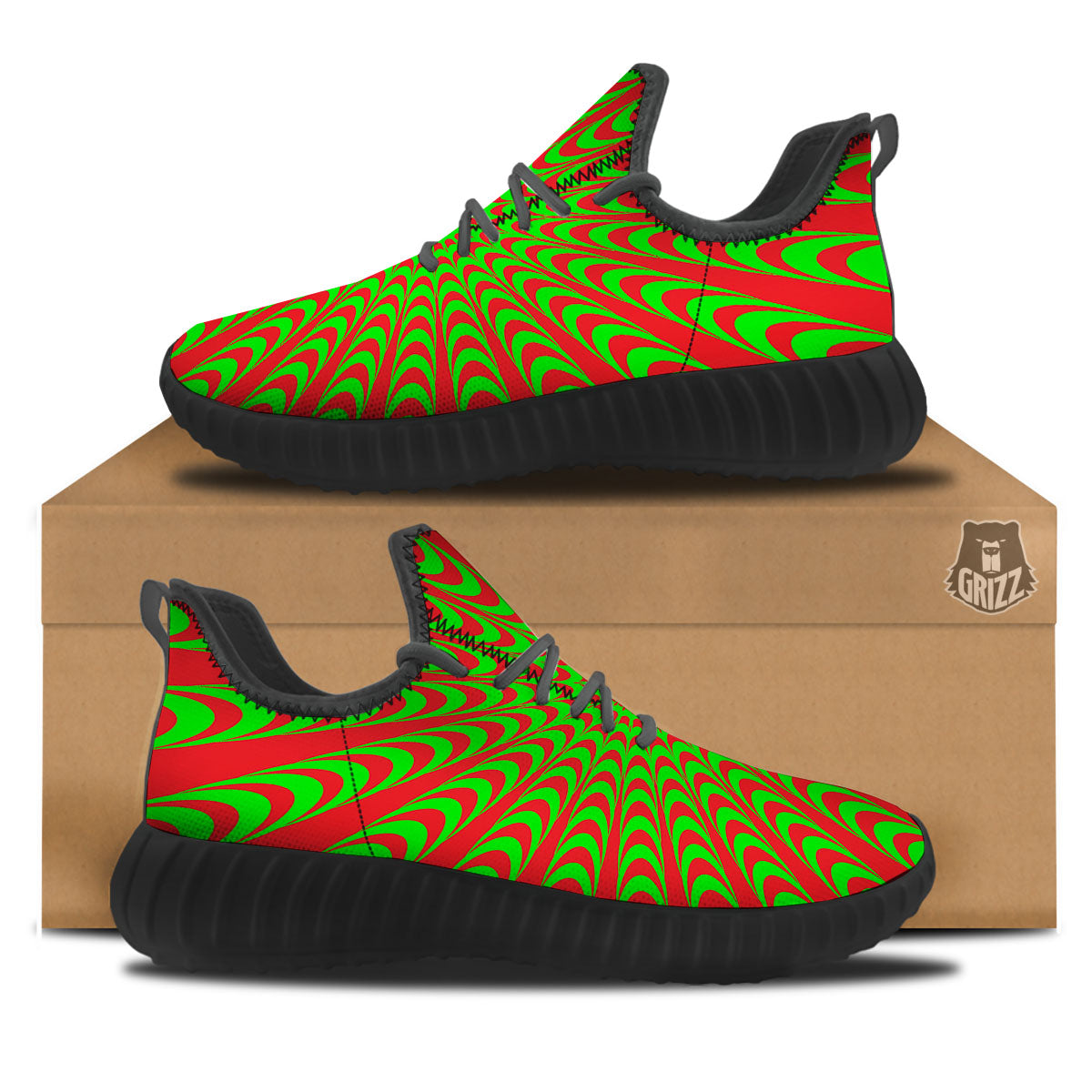 Moving Optical Illusion Green Red Wave Black Walking Shoes-grizzshop