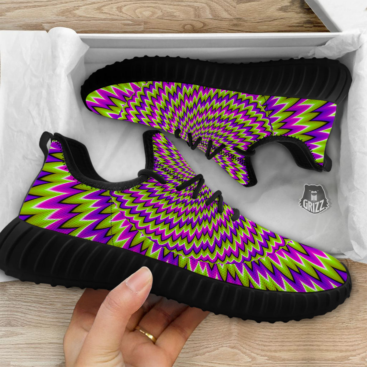 Moving Optical Illusion Green Spiral Black Walking Shoes-grizzshop