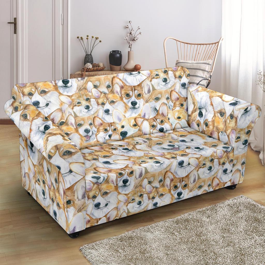 Multi Corgi Pattern Print Loveseat Cover-grizzshop