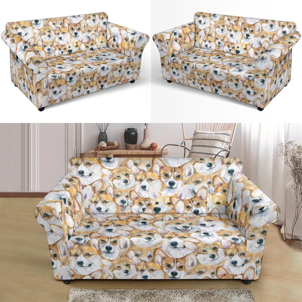 Multi Corgi Pattern Print Loveseat Cover-grizzshop