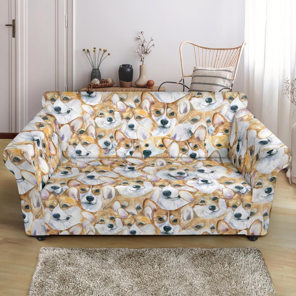 Multi Corgi Pattern Print Loveseat Cover-grizzshop