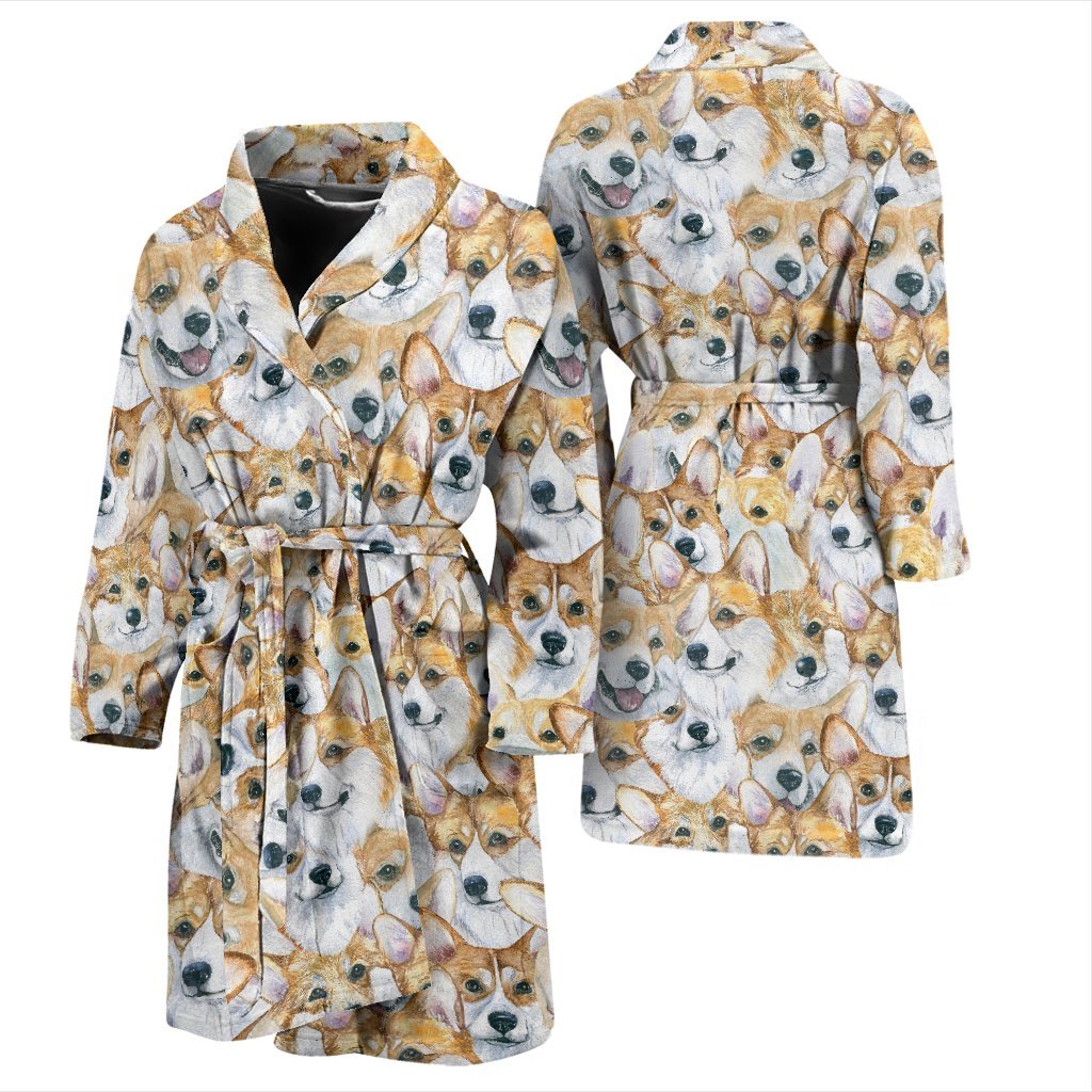 Multi Corgi Pattern Print Men Long Robe-grizzshop
