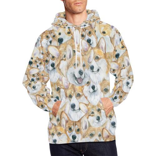 Multi Corgi Pattern Print Men Pullover Hoodie-grizzshop