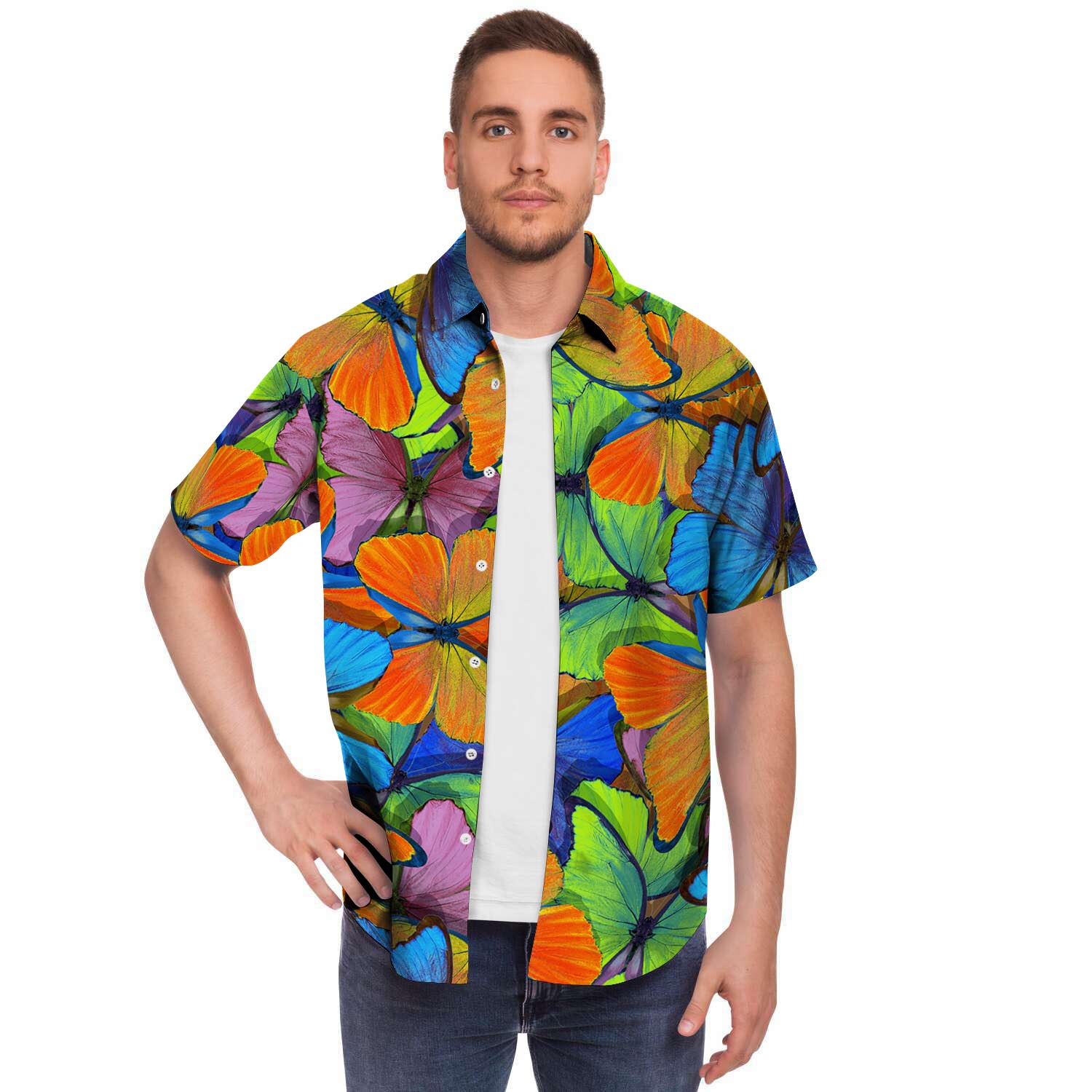 Multicolor Butterfly Print Men's Short Sleeve Shirt-grizzshop