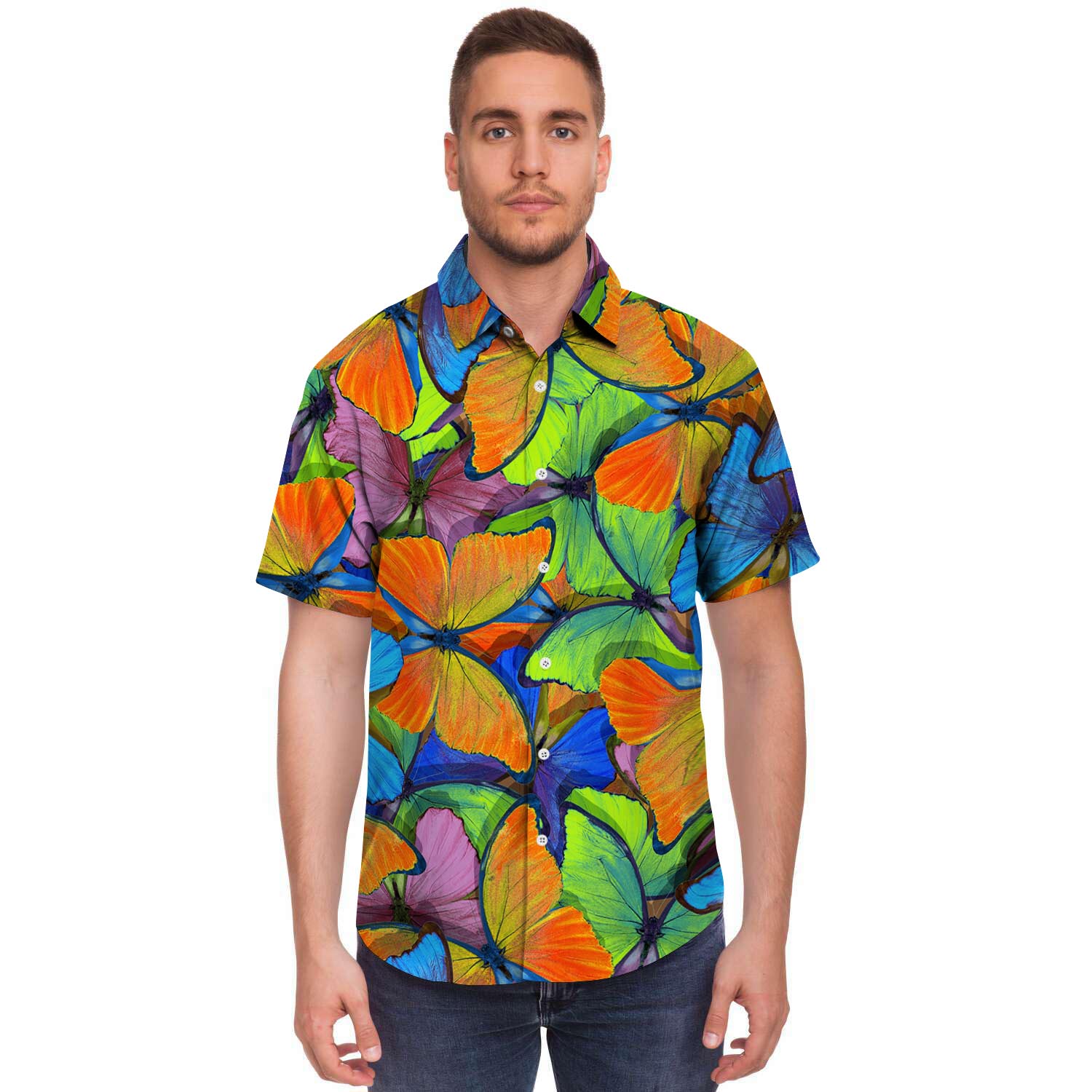 Multicolor Butterfly Print Men's Short Sleeve Shirt-grizzshop