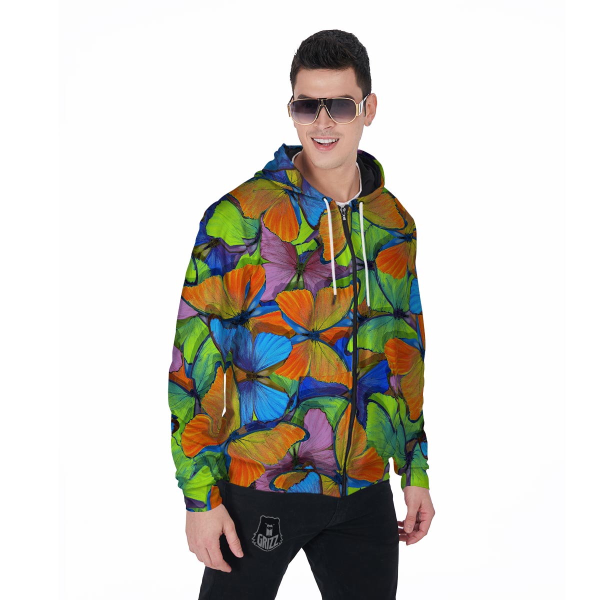 Multicolor Butterfly Print Men's Zip Up Hoodie-grizzshop