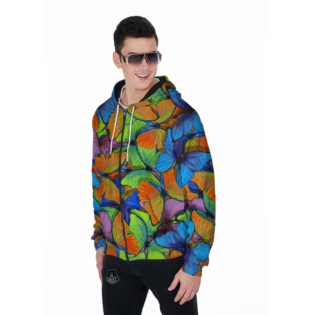 Multicolor Butterfly Print Men's Zip Up Hoodie-grizzshop