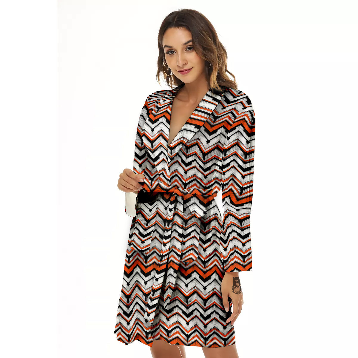 Multicolor Hand Drawn Zigzag Print Women's Robe-grizzshop