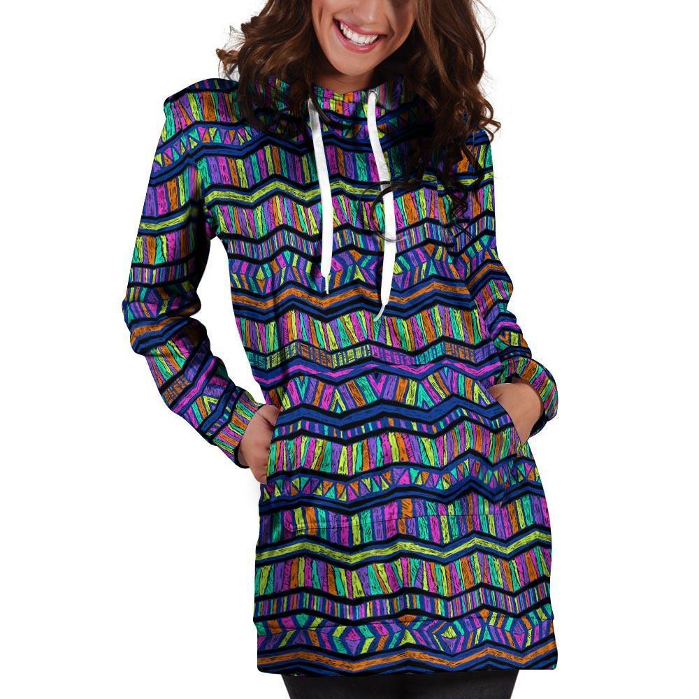 Multicolor Indian Aztec Doodle Elements Abstract Hoodie Dress-grizzshop
