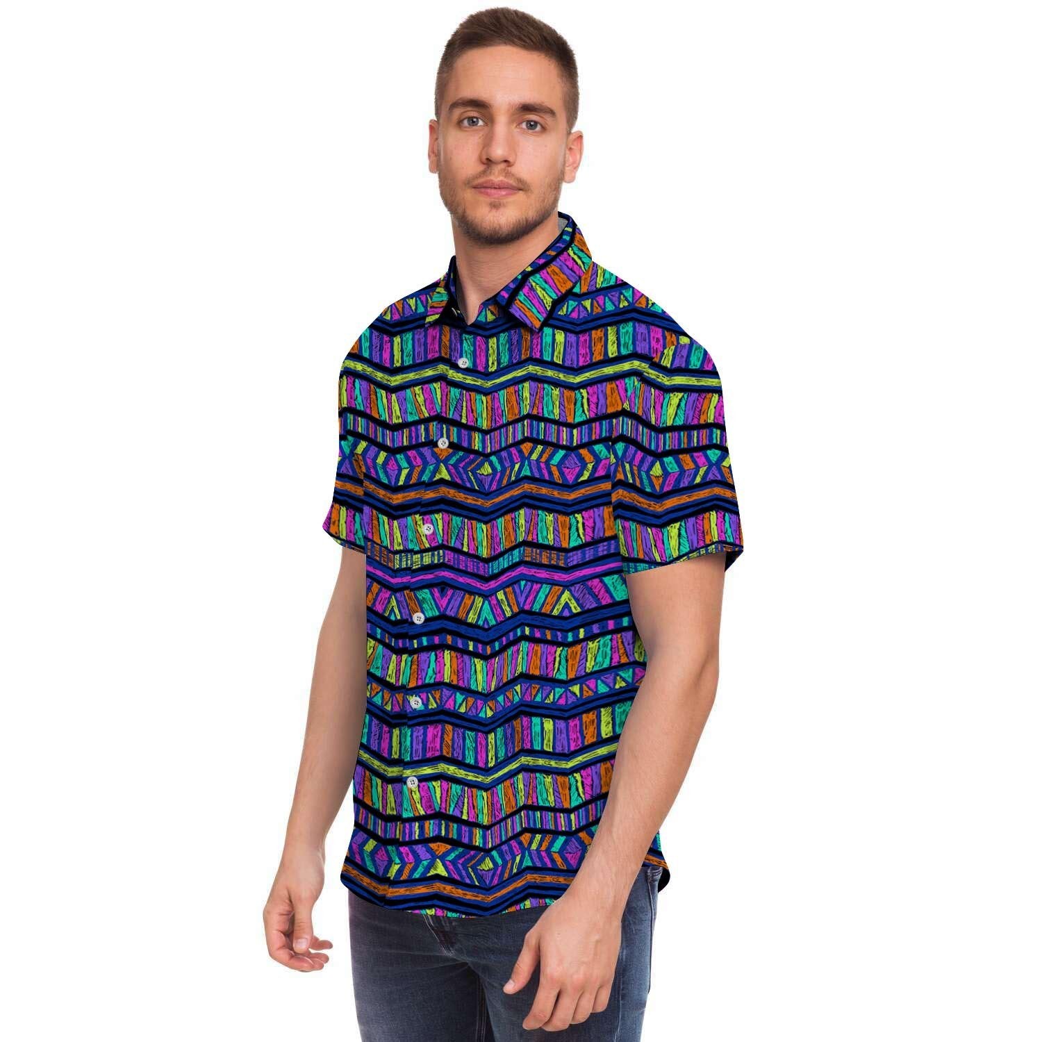 Multicolor Indian Aztec Doodle Elements Abstract Men's Short Sleeve Shirt-grizzshop