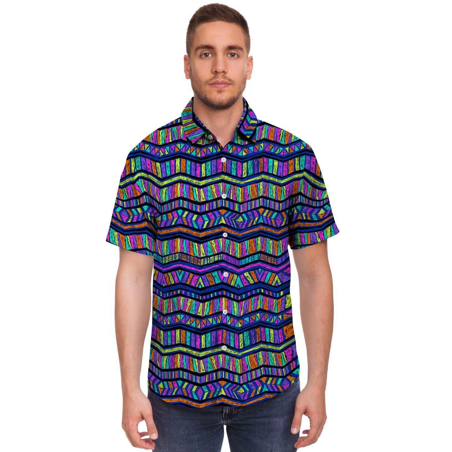 Multicolor Indian Aztec Doodle Elements Abstract Men's Short Sleeve Shirt-grizzshop