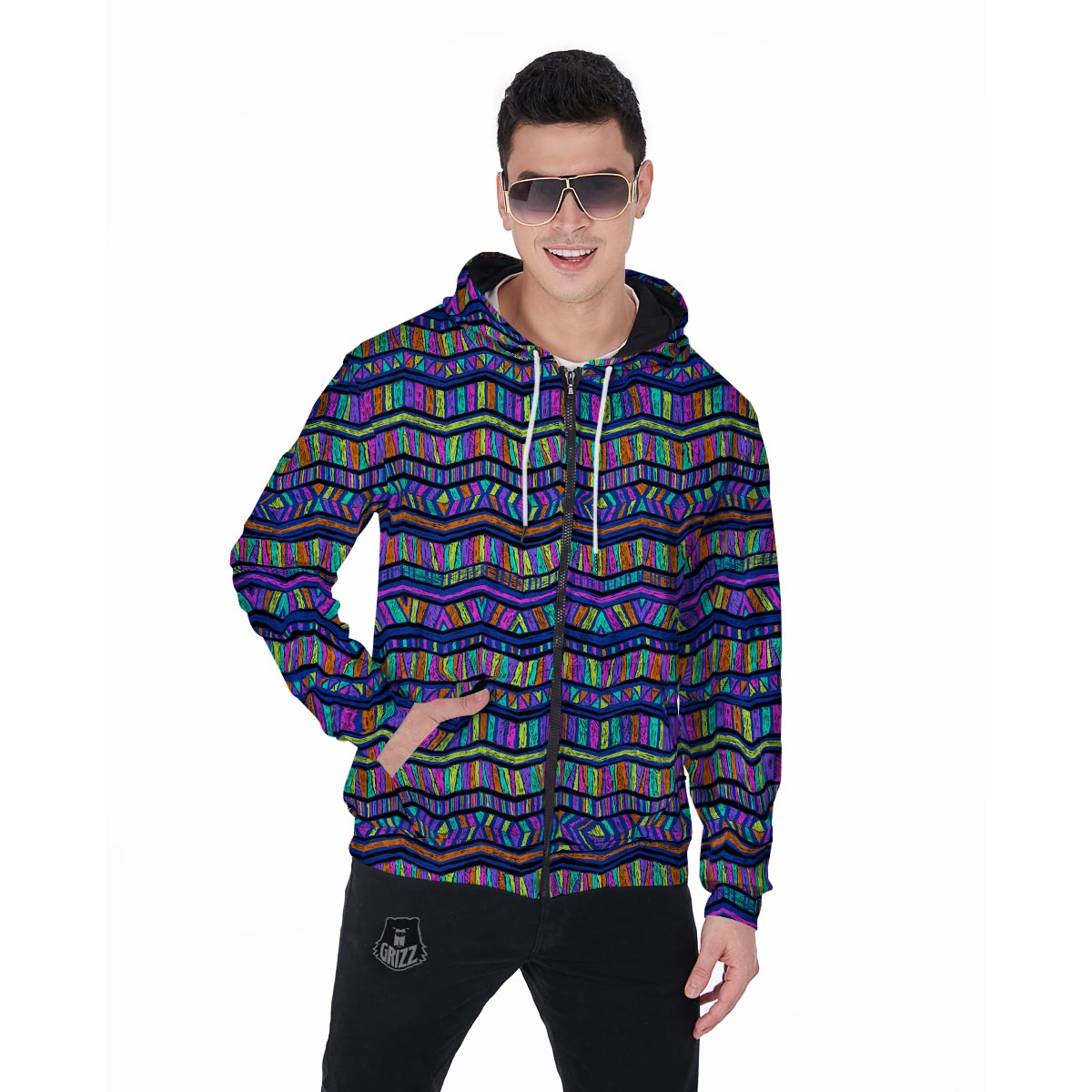 Multicolor Indian Aztec Doodle Elements Abstract Men's Zip Up Hoodie-grizzshop