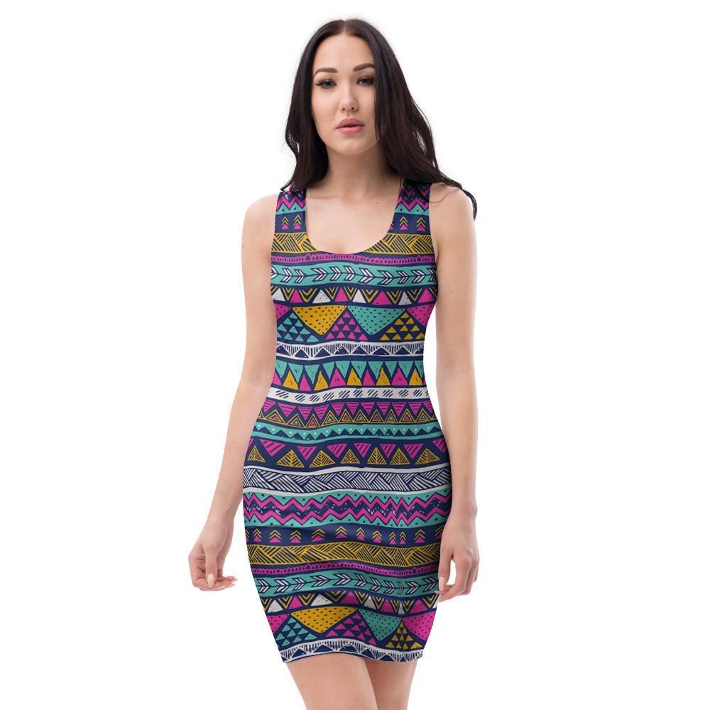 Multicolor Indian Aztec Geometric Art Bodycon Dress-grizzshop
