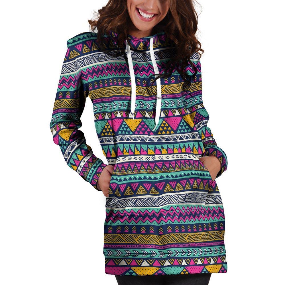 Multicolor Indian Aztec Geometric Art Hoodie Dress-grizzshop