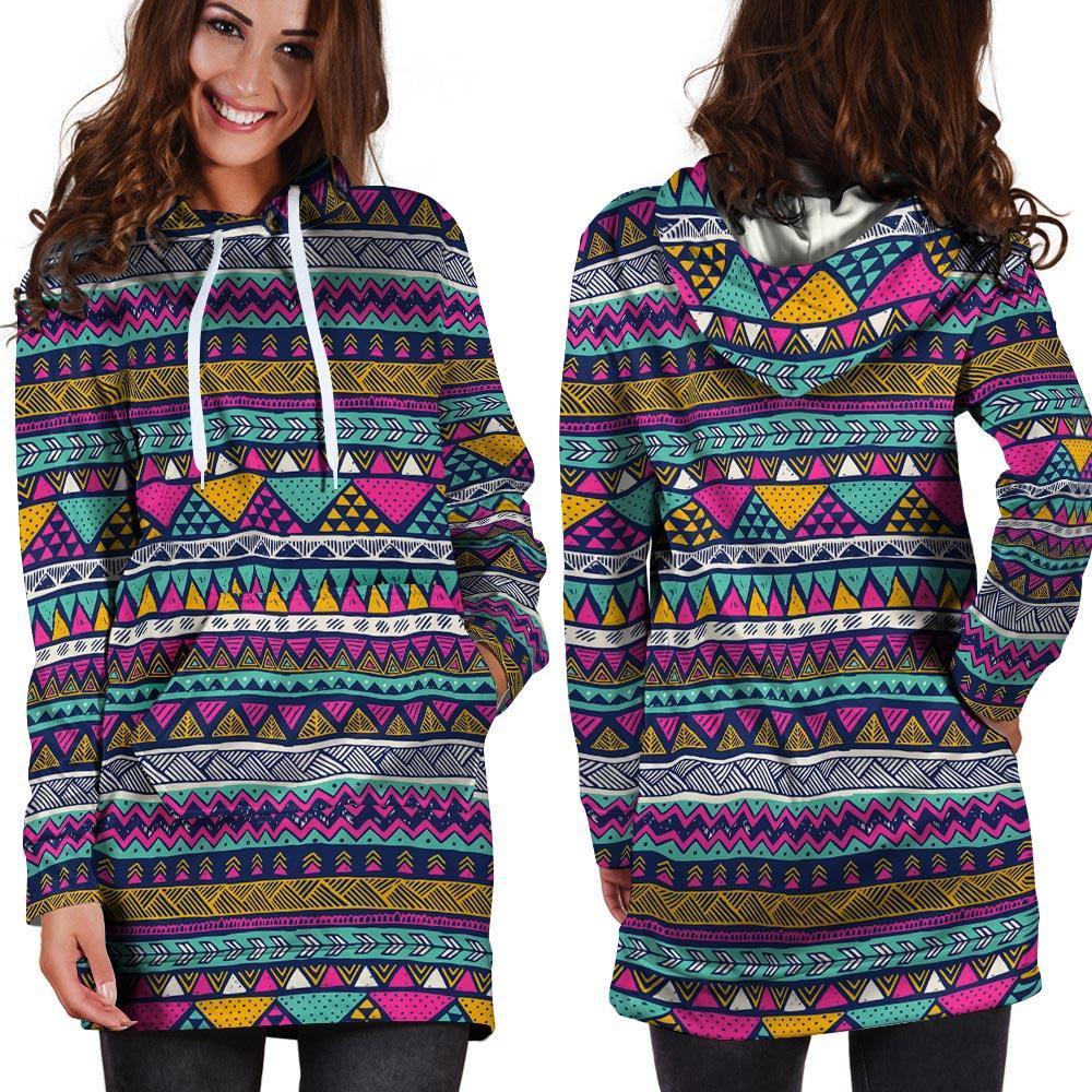 Multicolor Indian Aztec Geometric Art Hoodie Dress-grizzshop