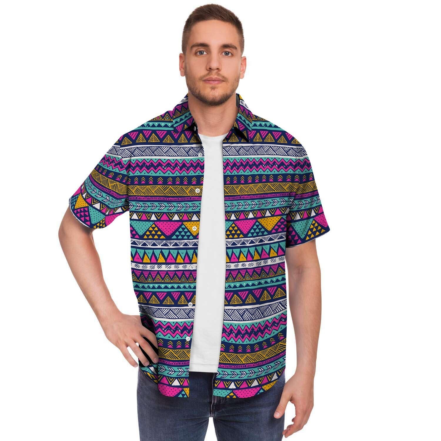 Multicolor Indian Aztec Geometric Art Men's Short Sleeve Shirt-grizzshop