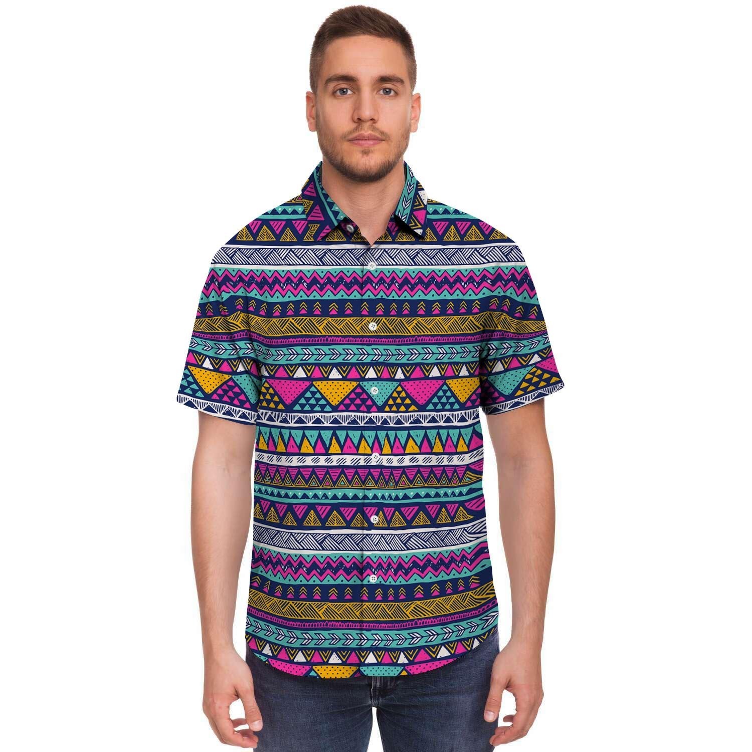 Multicolor Indian Aztec Geometric Art Men's Short Sleeve Shirt-grizzshop