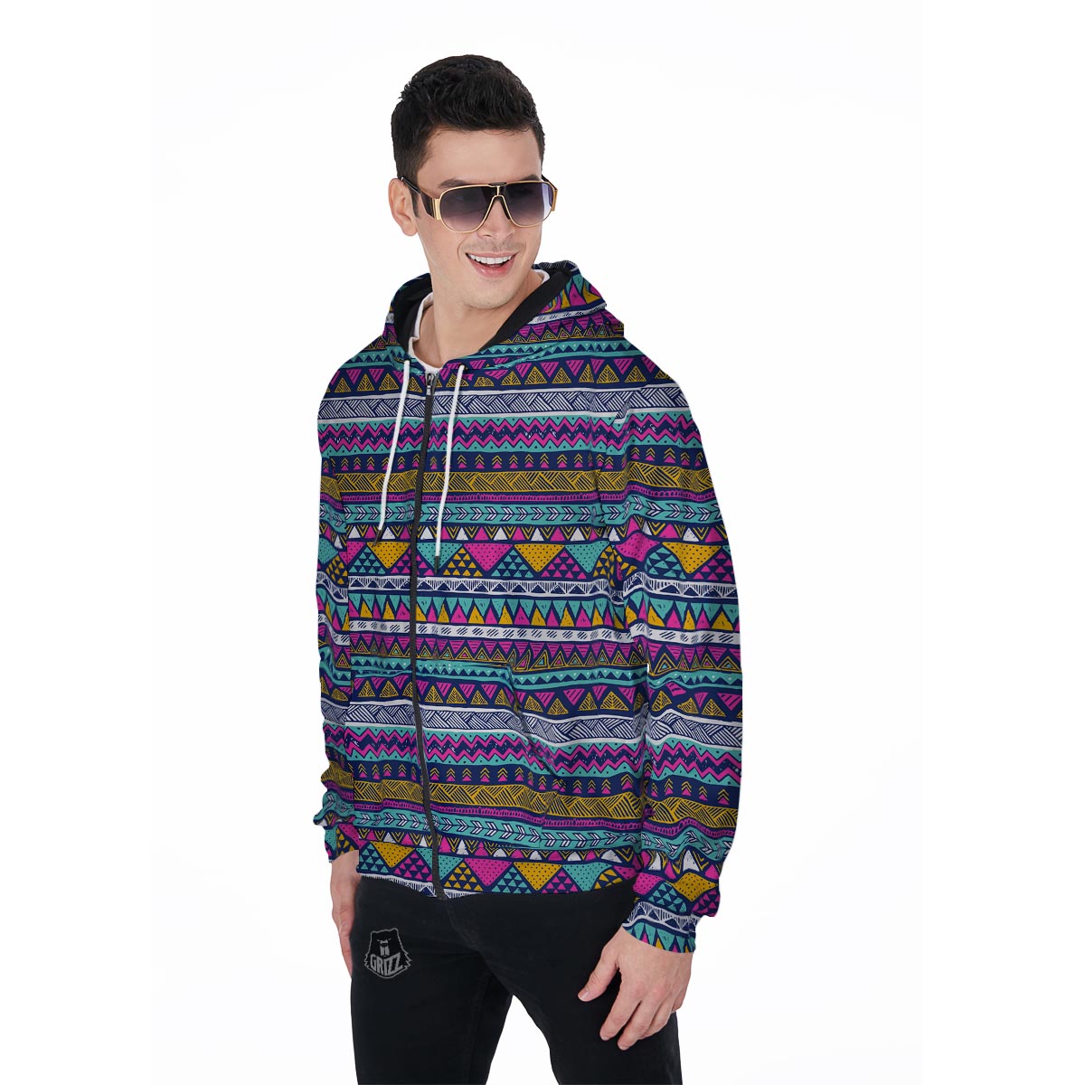 Multicolor Indian Aztec Geometric Art Men's Zip Up Hoodie-grizzshop