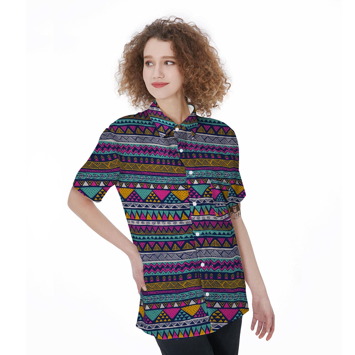 Multicolor Indian Aztec Geometric Art Women's Short Sleeve Shirts-grizzshop