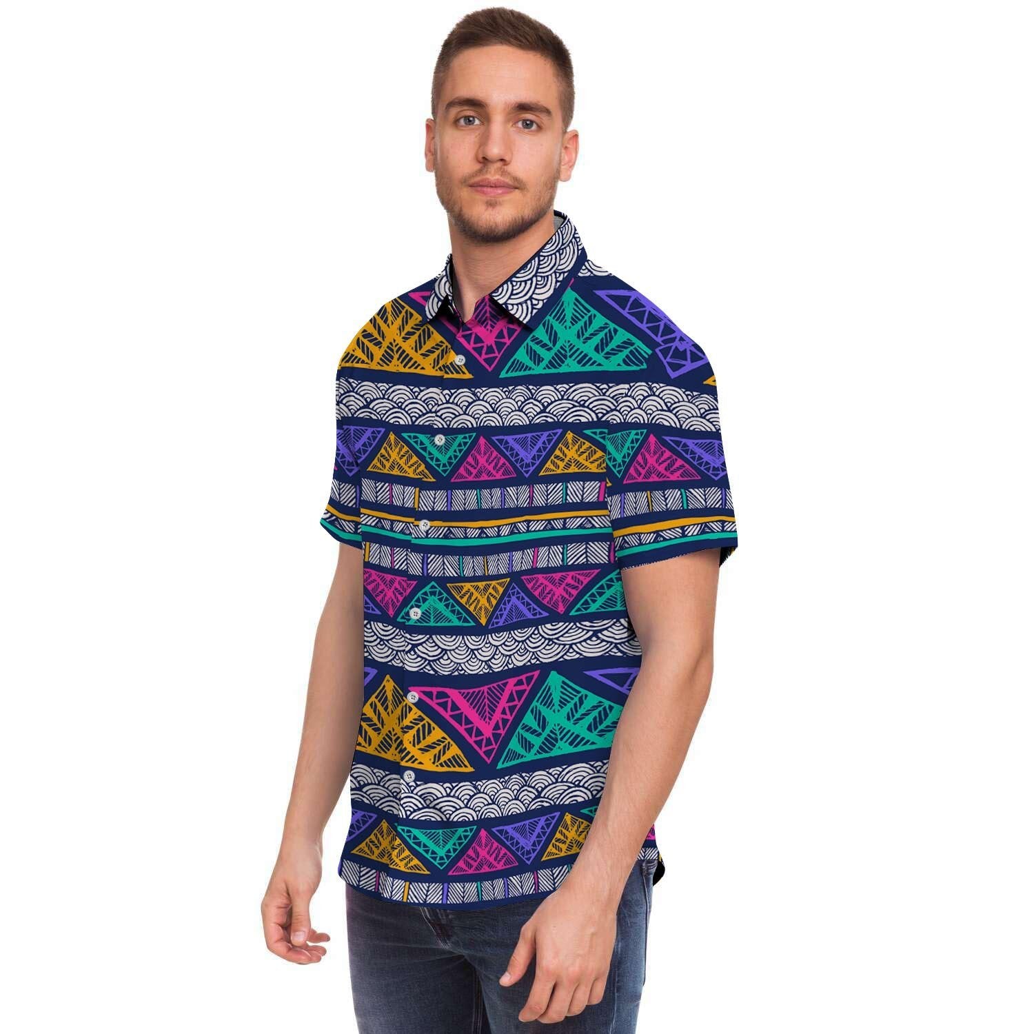 Multicolor Native Aztec Abstract Doodle Men's Short Sleeve Shirt-grizzshop