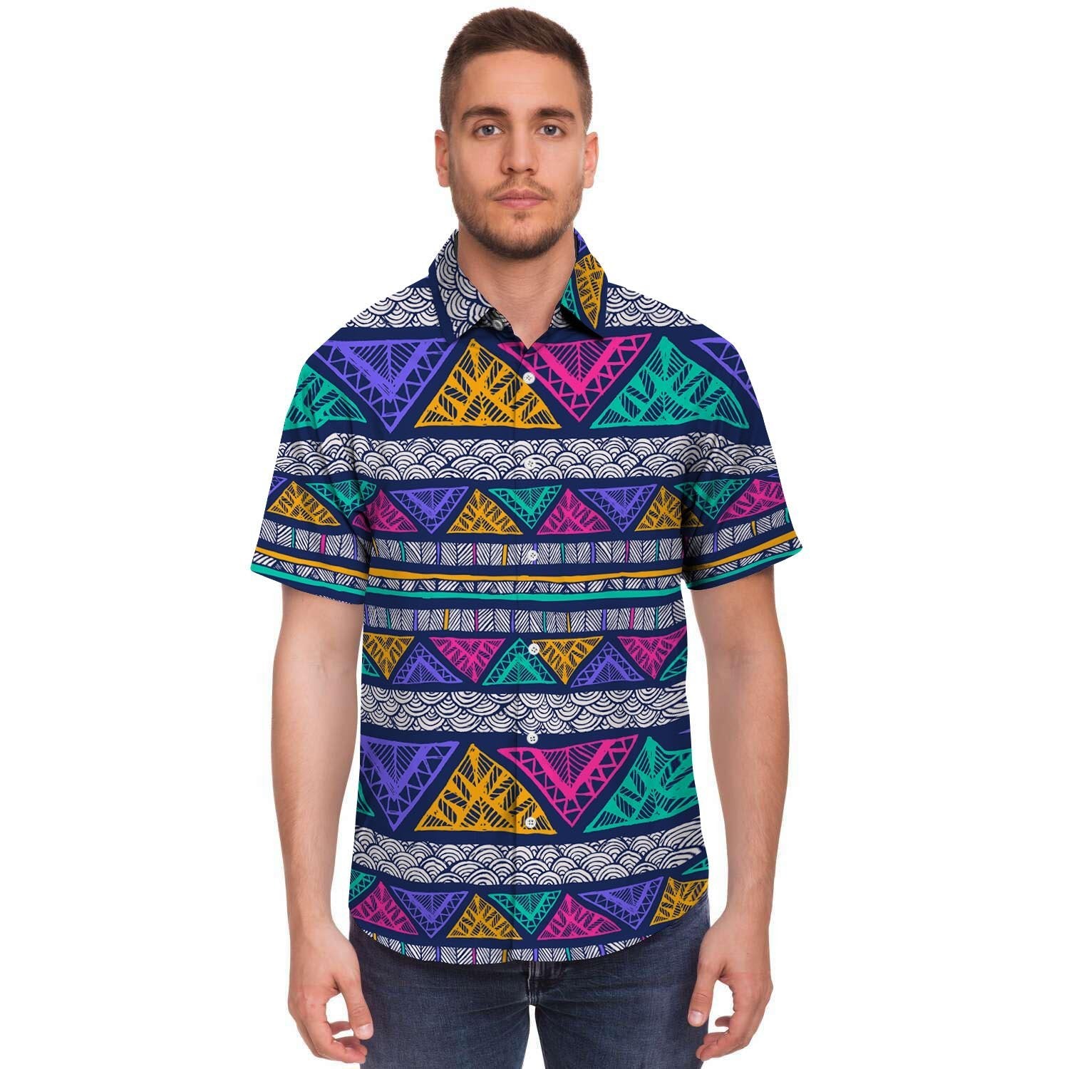 Multicolor Native Aztec Abstract Doodle Men's Short Sleeve Shirt-grizzshop