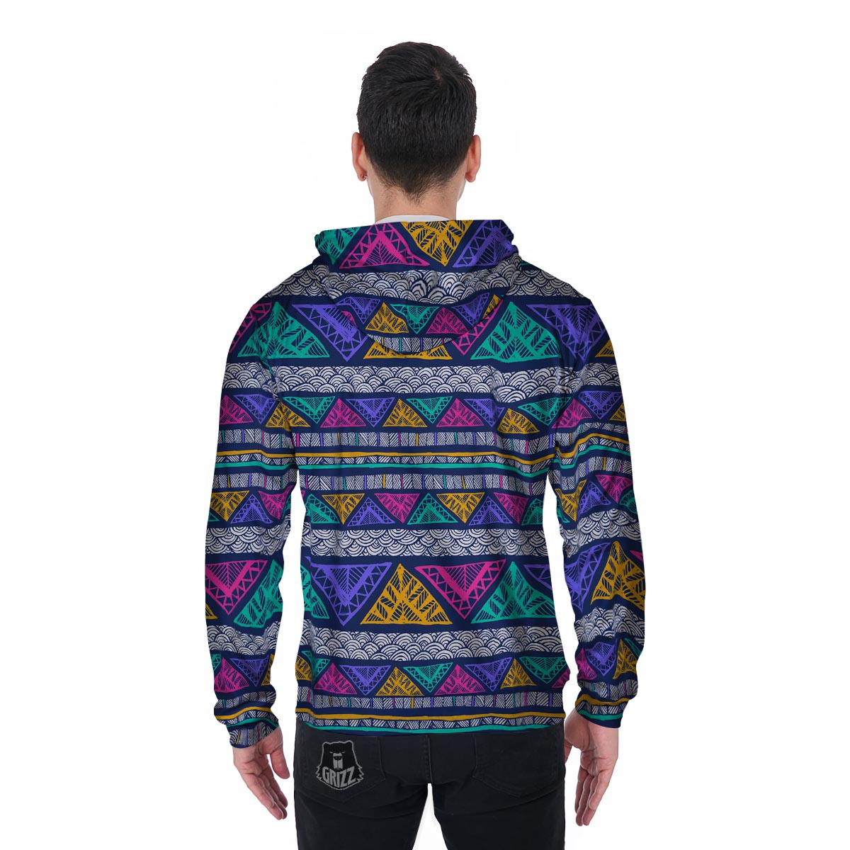 Multicolor Native Aztec Abstract Doodle Men's Zip Up Hoodie-grizzshop