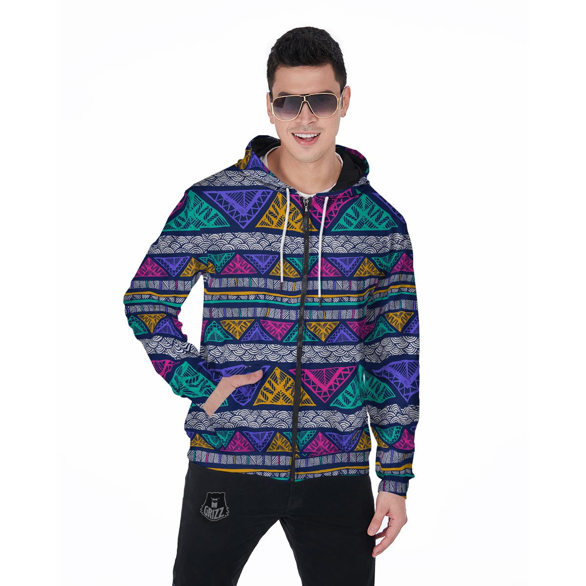 Multicolor Native Aztec Abstract Doodle Men's Zip Up Hoodie-grizzshop