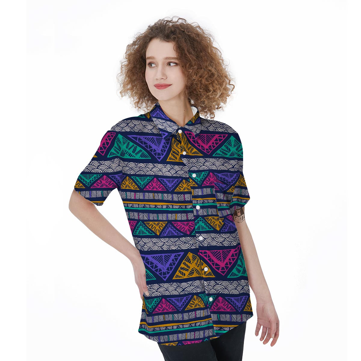 Multicolor Native Aztec Abstract Doodle Women's Short Sleeve Shirts-grizzshop