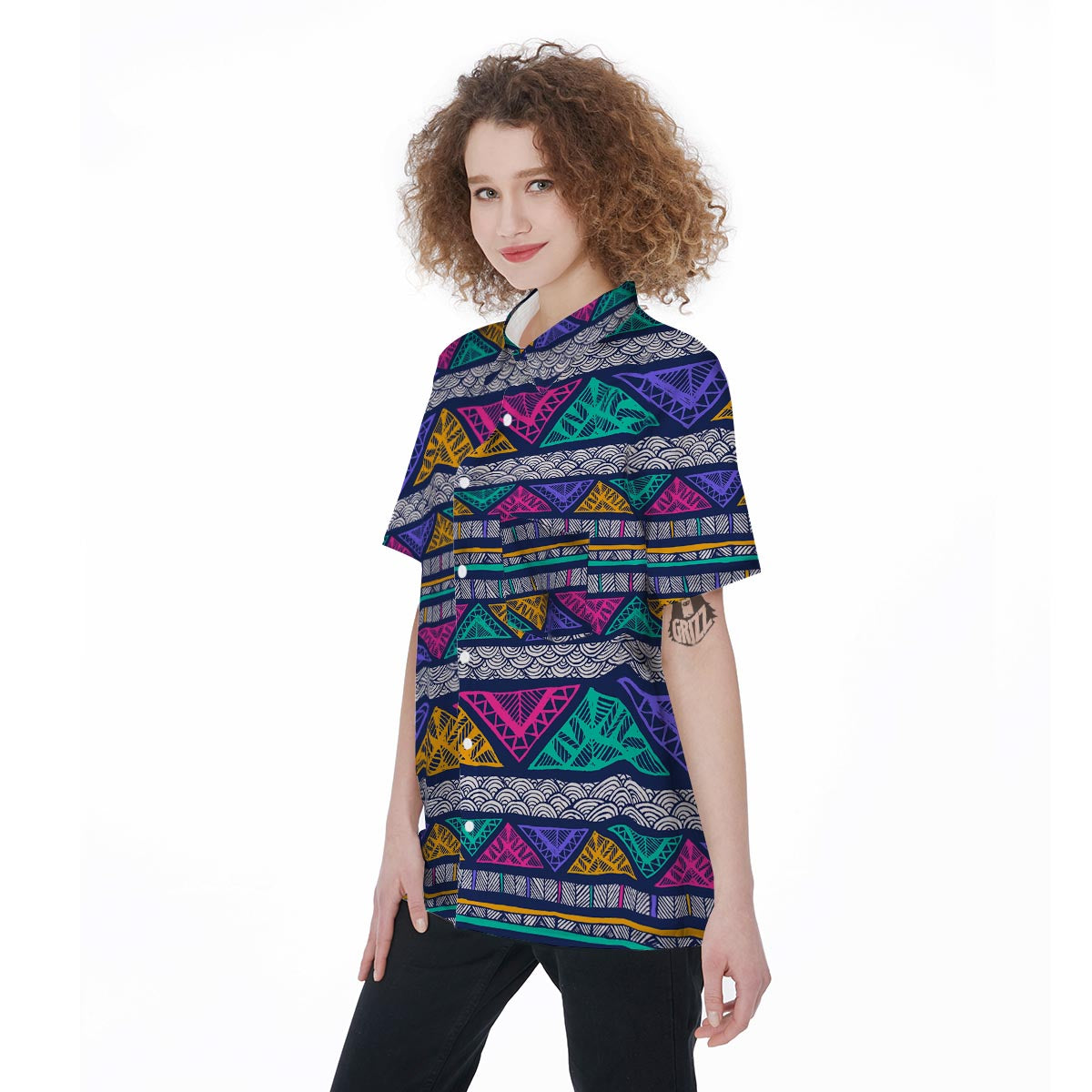Multicolor Native Aztec Abstract Doodle Women's Short Sleeve Shirts-grizzshop
