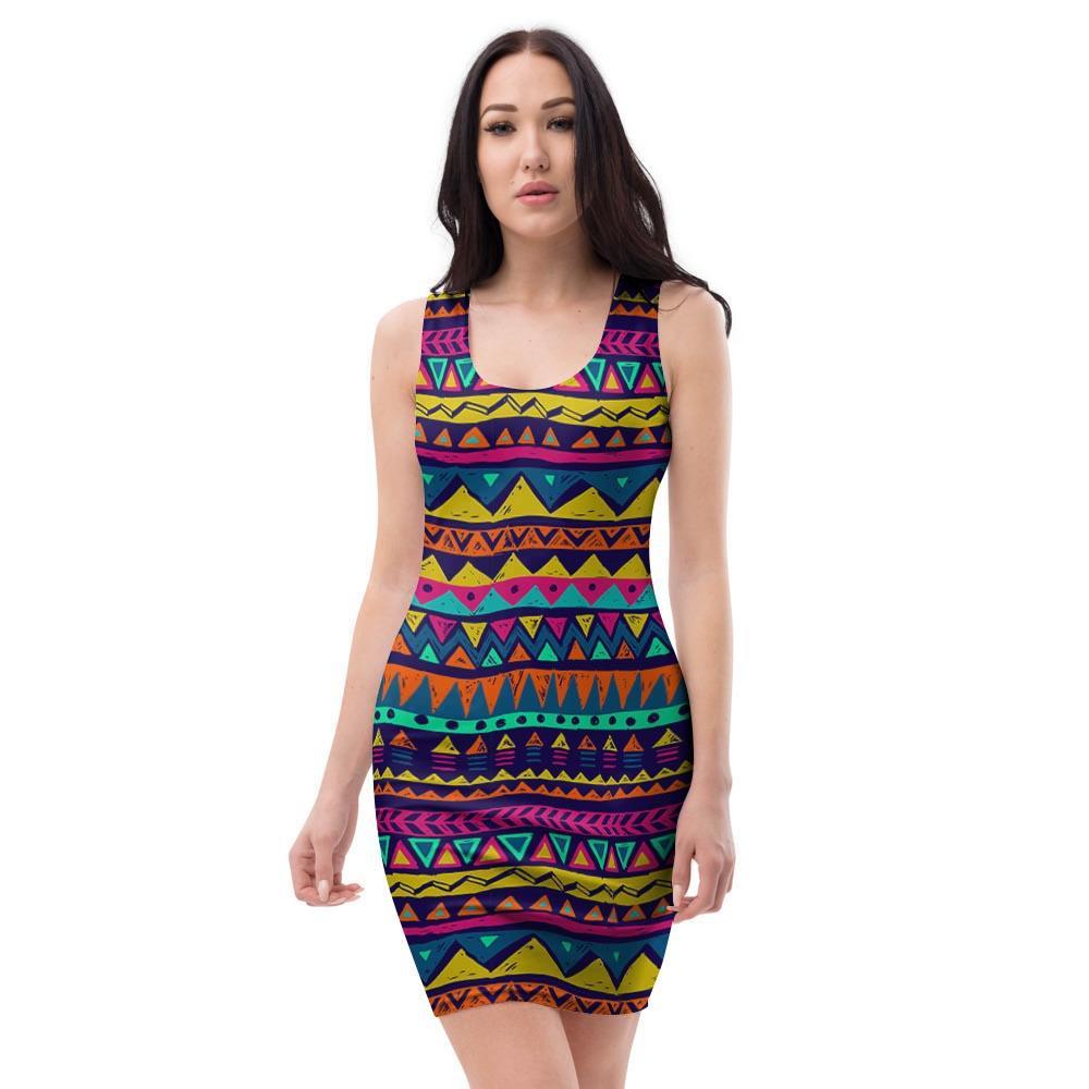 Multicolor Native Aztec Abstract Geometric Bodycon Dress-grizzshop