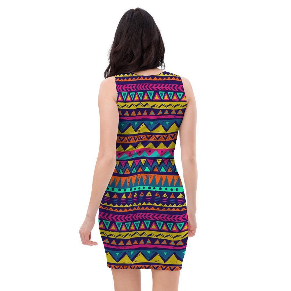Multicolor Native Aztec Abstract Geometric Bodycon Dress-grizzshop