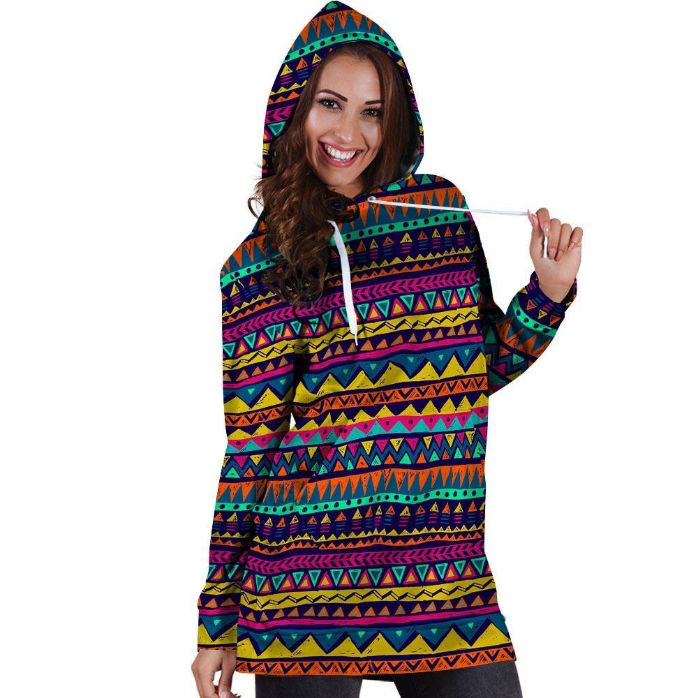 Multicolor Native Aztec Abstract Geometric Hoodie Dress-grizzshop