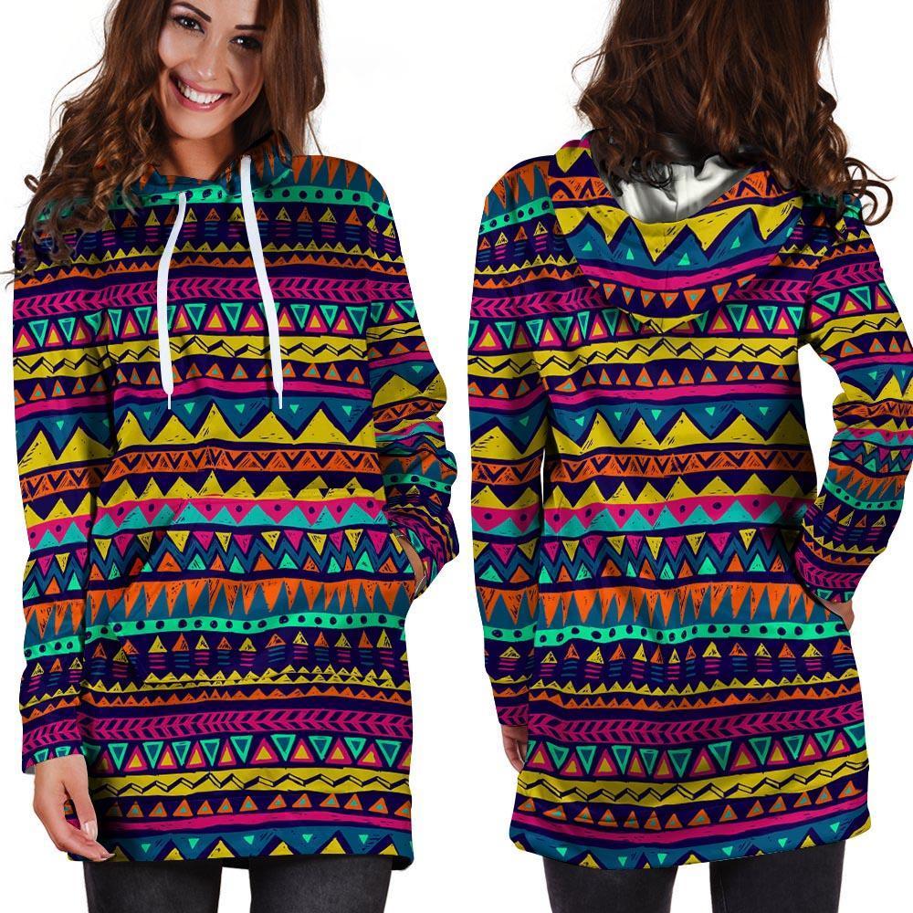 Multicolor Native Aztec Abstract Geometric Hoodie Dress-grizzshop