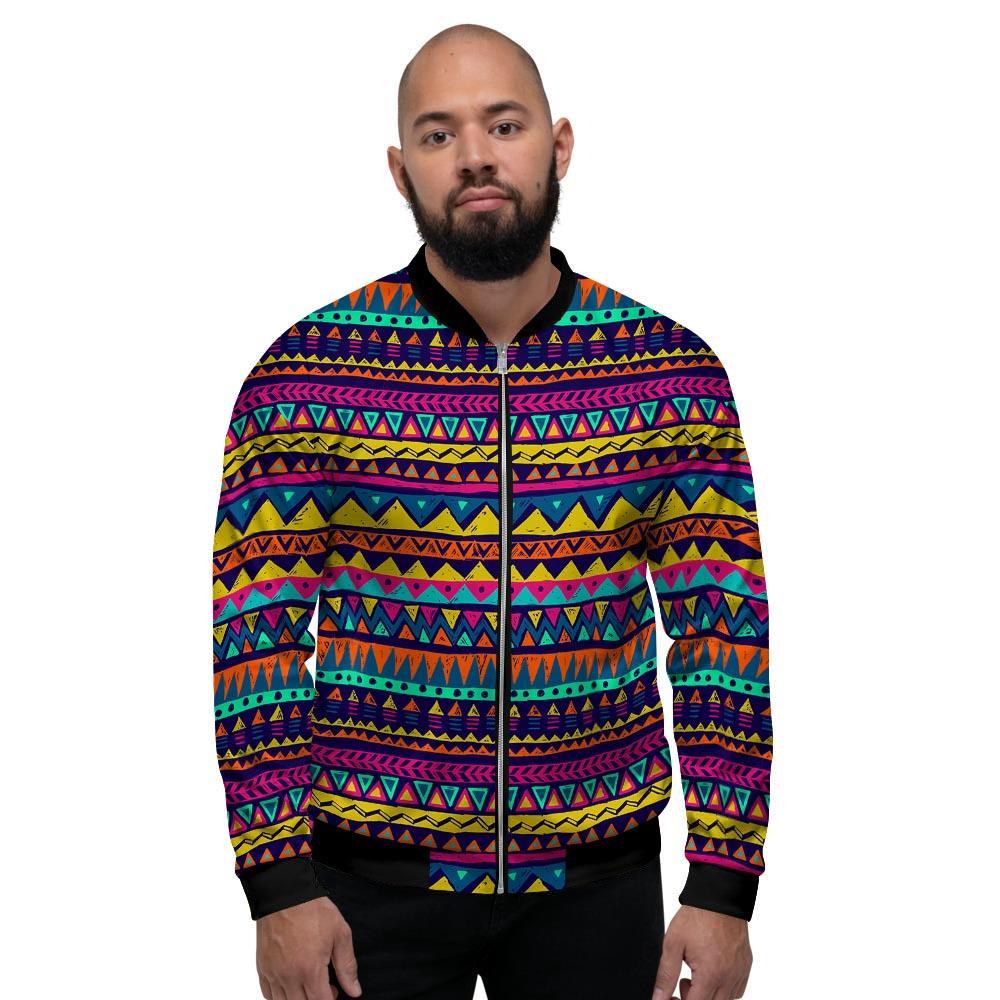 Multicolor Native Aztec Abstract Geometric Men's Bomber Jacket-grizzshop