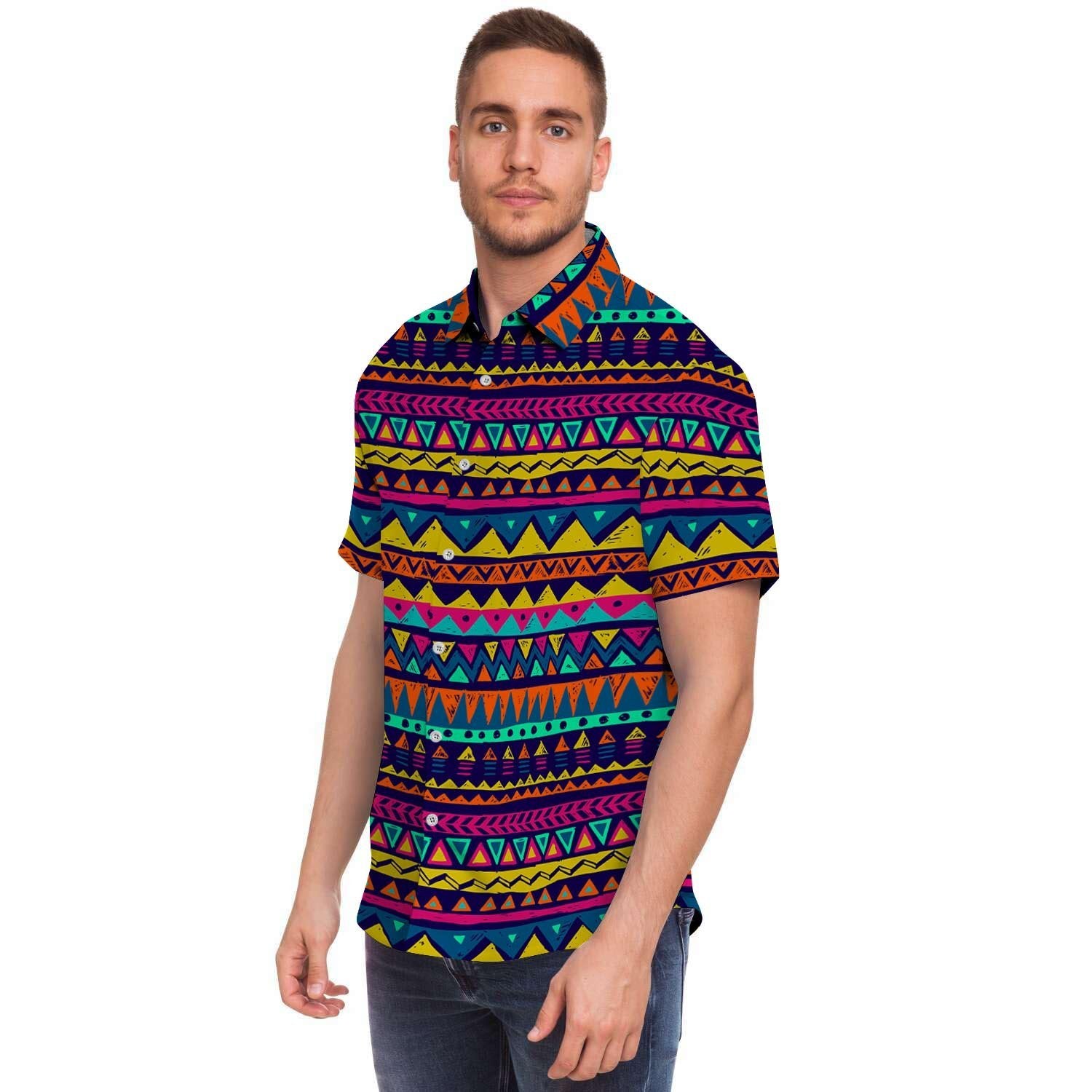 Multicolor Native Aztec Abstract Geometric Men's Short Sleeve Shirt-grizzshop