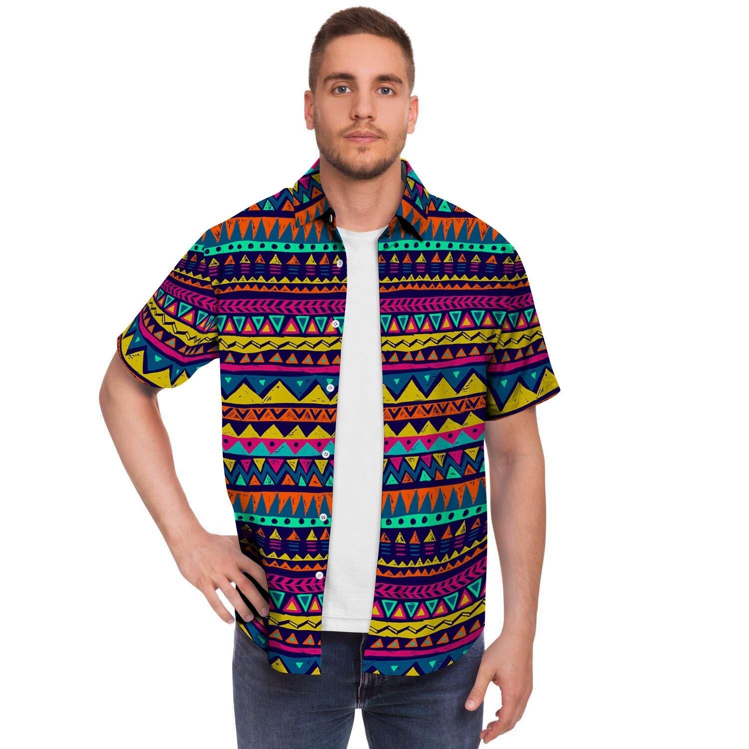 Multicolor Native Aztec Abstract Geometric Men's Short Sleeve Shirt-grizzshop