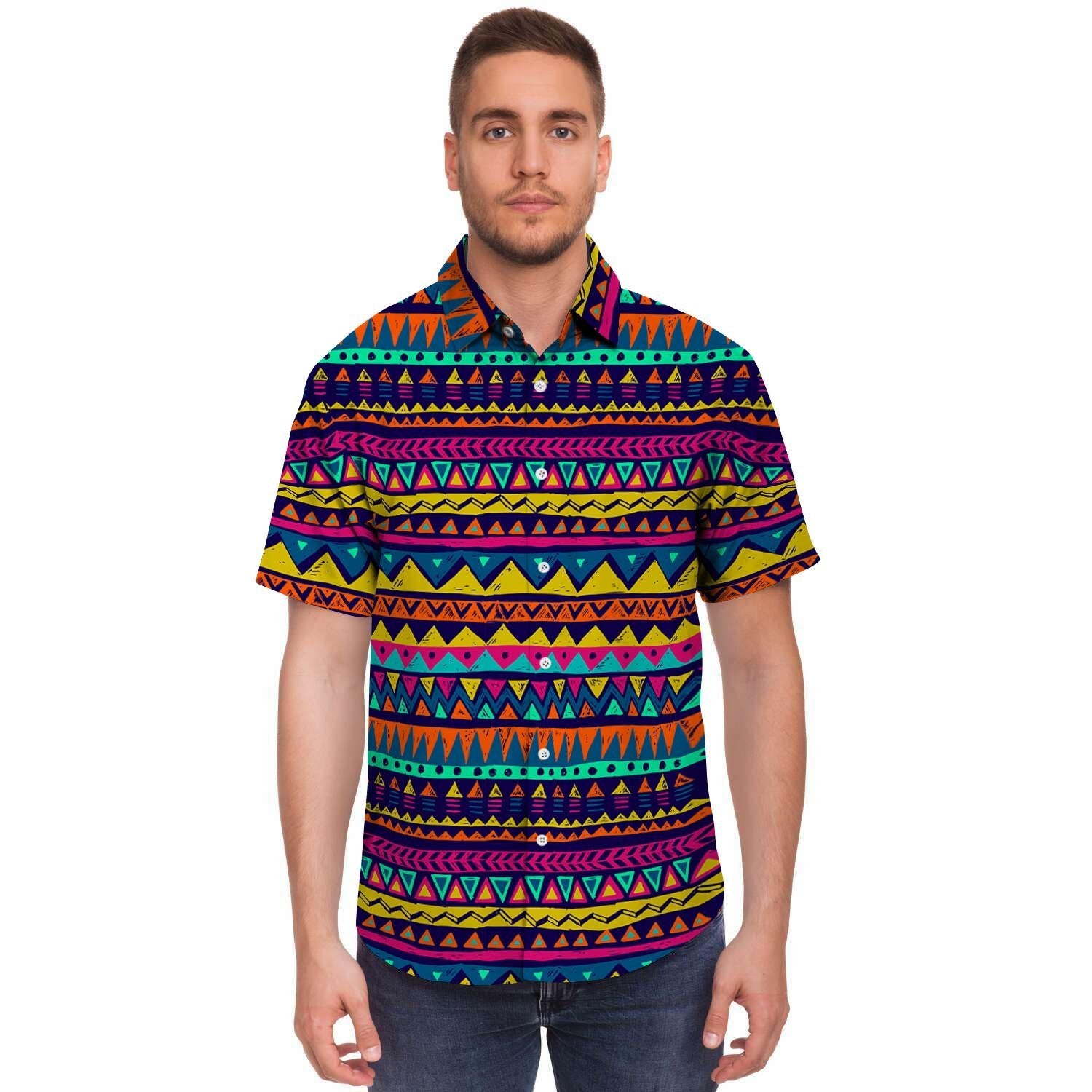 Multicolor Native Aztec Abstract Geometric Men's Short Sleeve Shirt-grizzshop