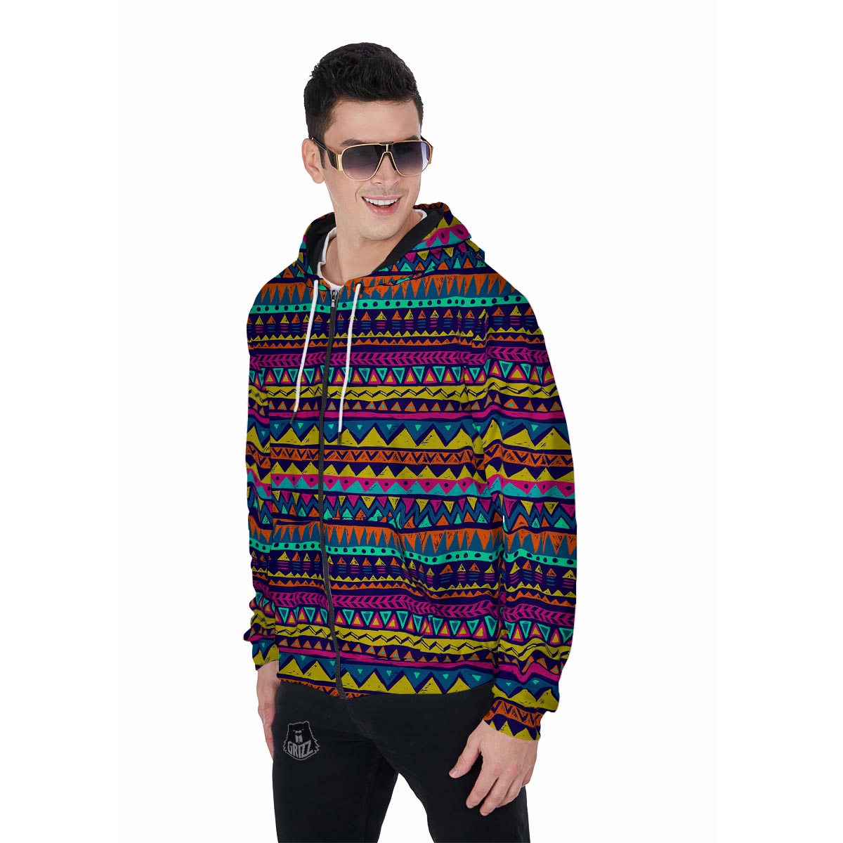 Multicolor Native Aztec Abstract Geometric Men's Zip Up Hoodie-grizzshop