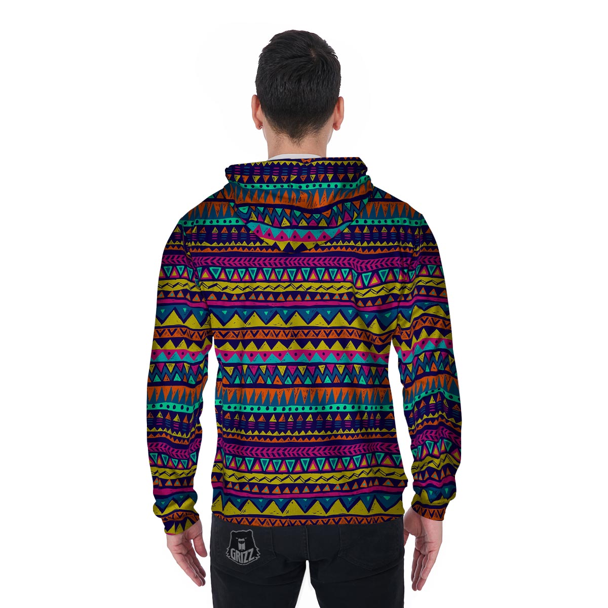 Multicolor Native Aztec Abstract Geometric Men's Zip Up Hoodie-grizzshop