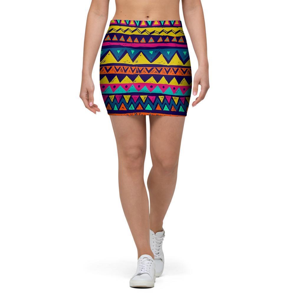 Multicolor Native Aztec Abstract Geometric Mini Skirt-grizzshop