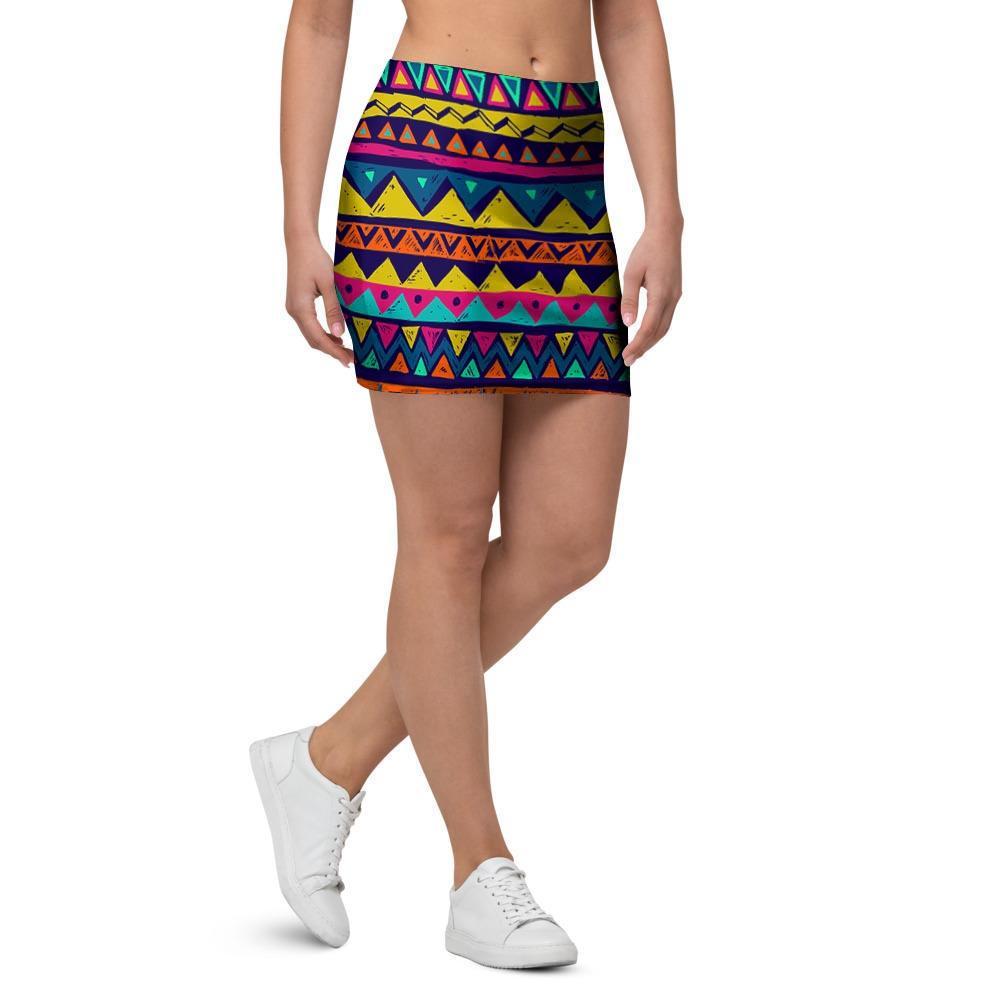 Multicolor Native Aztec Abstract Geometric Mini Skirt-grizzshop