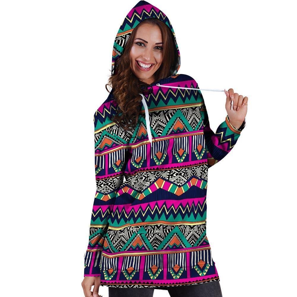 Multicolor Native Aztec Doodle Abstract Hoodie Dress-grizzshop